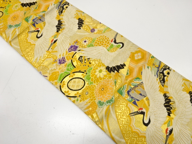 アンティーク　鶴に鼓・草花模様織り出し名古屋帯（材料）